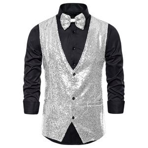 Silver Sequin Shiny Slim Fit Vest Sleeveless Suit Waistcoat Set with Bow Tie